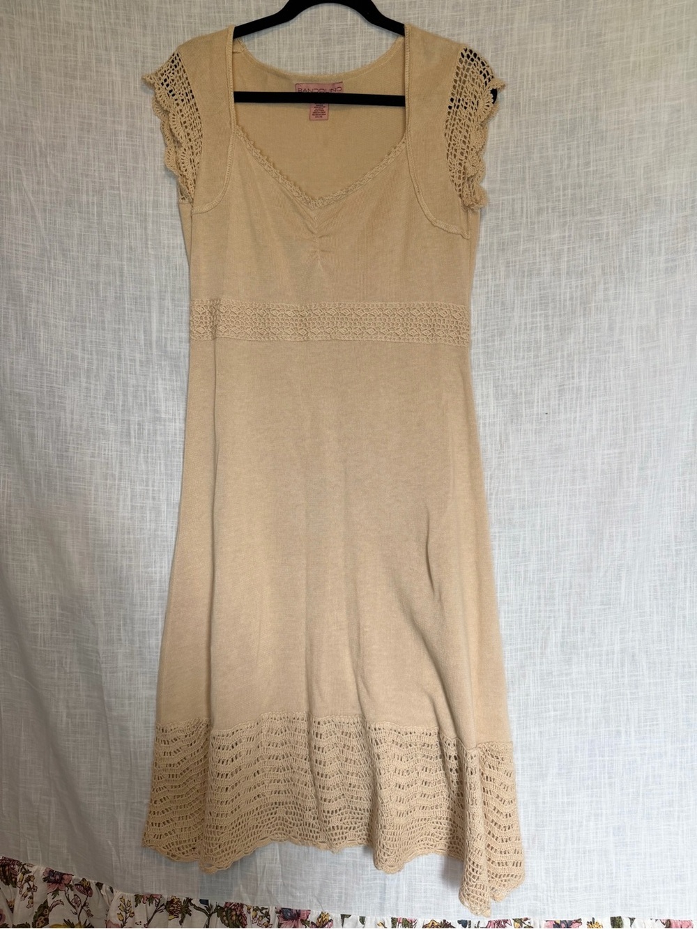 Bandolino Crochet Knit Midi Dress Tan Cream Cottagecore Boho Beach M